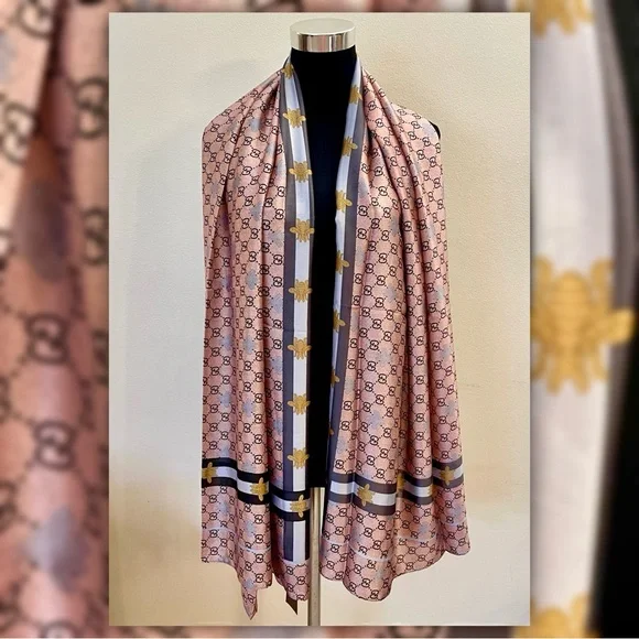 Luxury 100% Silk Oversized Bee & Monogram Print Shawl - Picture 1 of 2